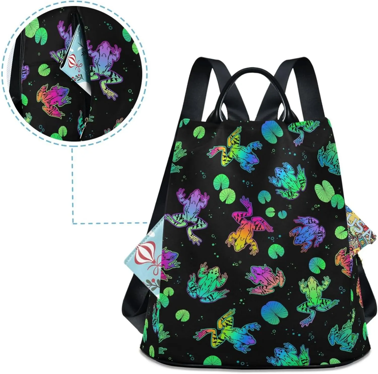 Fustylead Neon Color Frogs and Water Lily Leaves Women Backpack Purse Anti-theft Lightweight Shoulder Bag