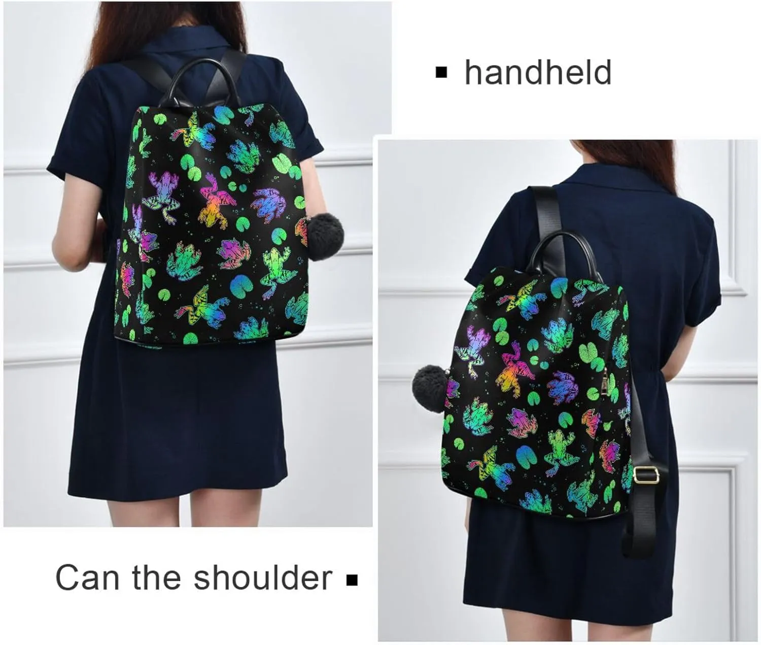Fustylead Neon Color Frogs and Water Lily Leaves Women Backpack Purse Anti-theft Lightweight Shoulder Bag