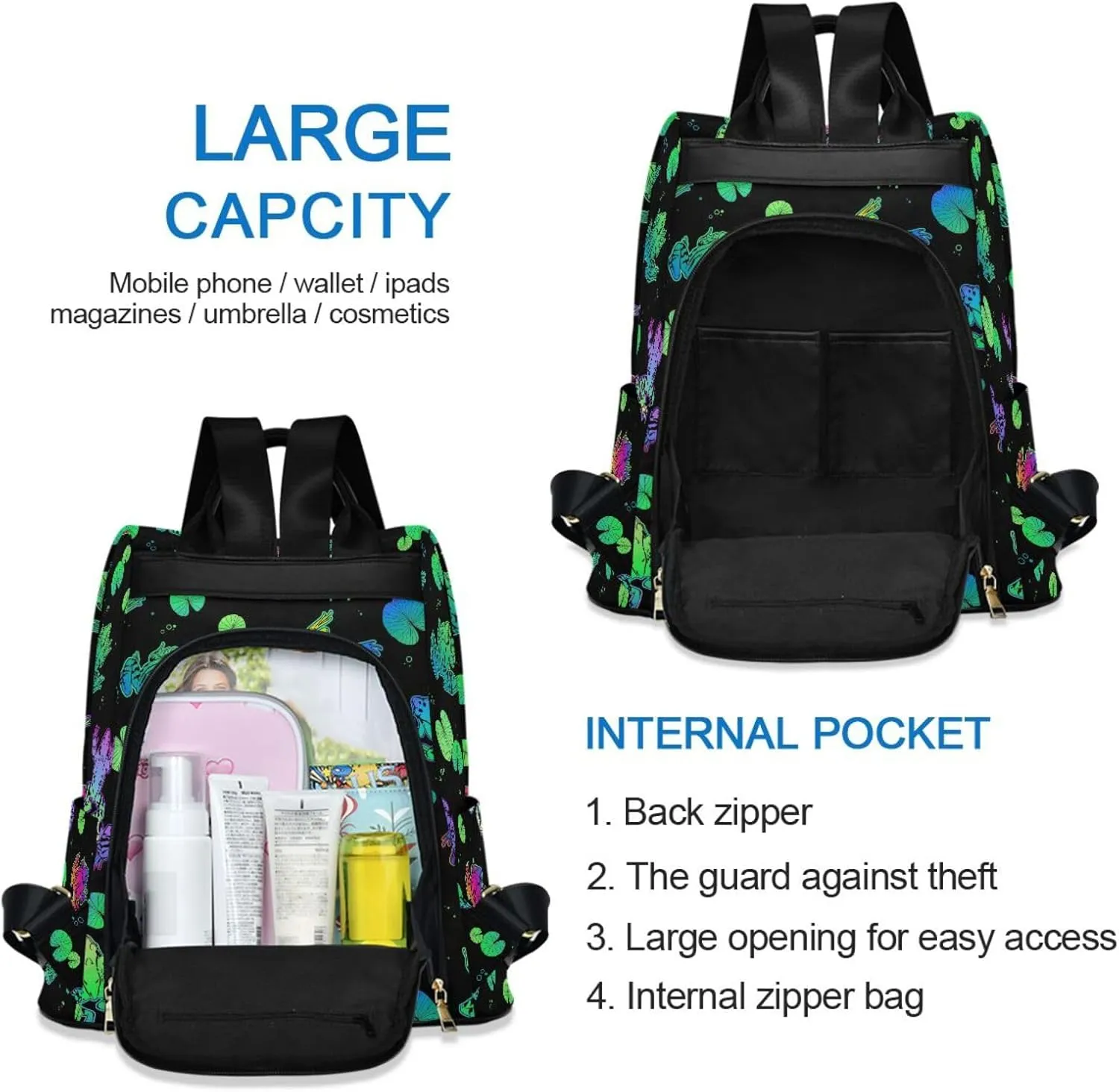 Fustylead Neon Color Frogs and Water Lily Leaves Women Backpack Purse Anti-theft Lightweight Shoulder Bag