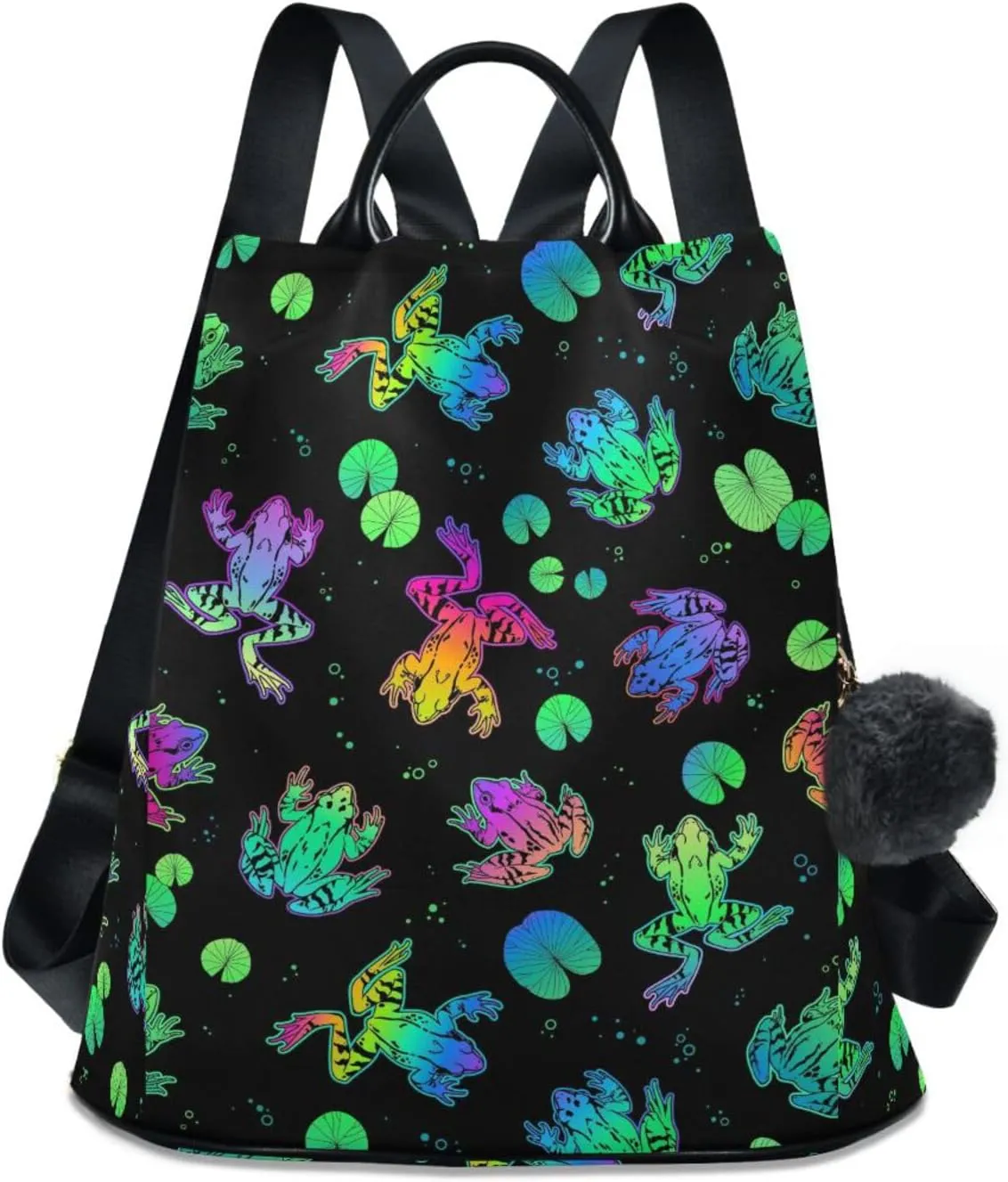 Fustylead Neon Color Frogs and Water Lily Leaves Women Backpack Purse Anti-theft Lightweight Shoulder Bag