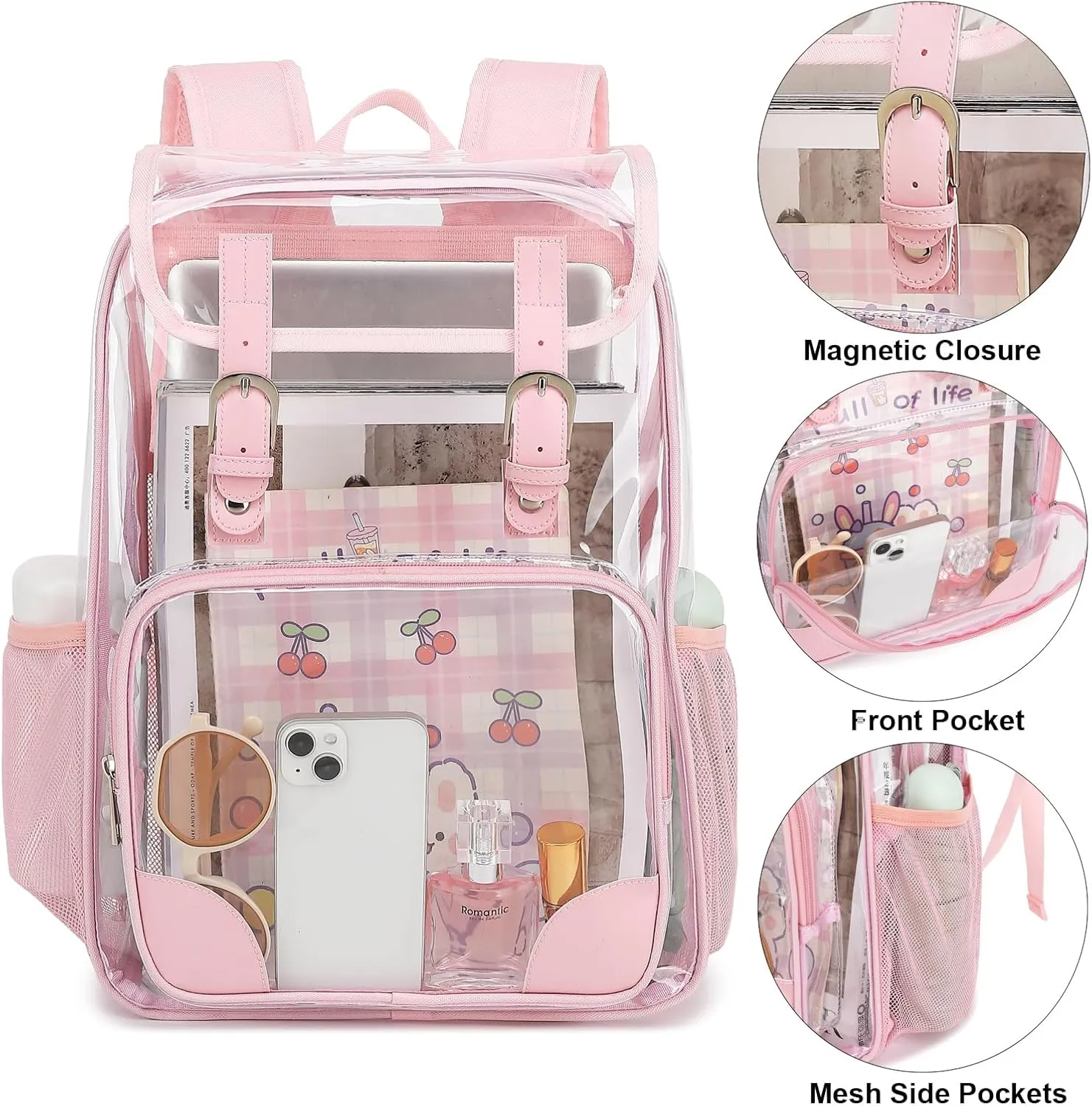 Fuyicat Clear Backpack Heavy Duty PVC Transparent Girls Kids School Backpacks Stadium Approved See Through College Bookbag for Women (Light Pink)