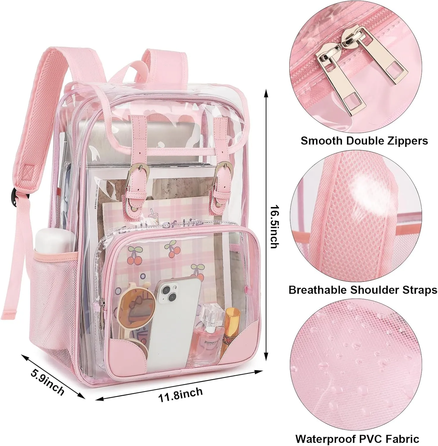 Fuyicat Clear Backpack Heavy Duty PVC Transparent Girls Kids School Backpacks Stadium Approved See Through College Bookbag for Women (Light Pink)