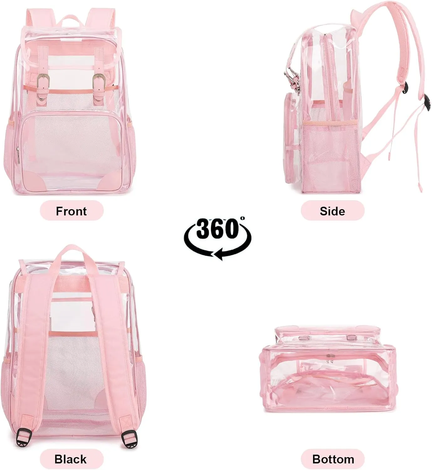 Fuyicat Clear Backpack Heavy Duty PVC Transparent Girls Kids School Backpacks Stadium Approved See Through College Bookbag for Women (Light Pink)