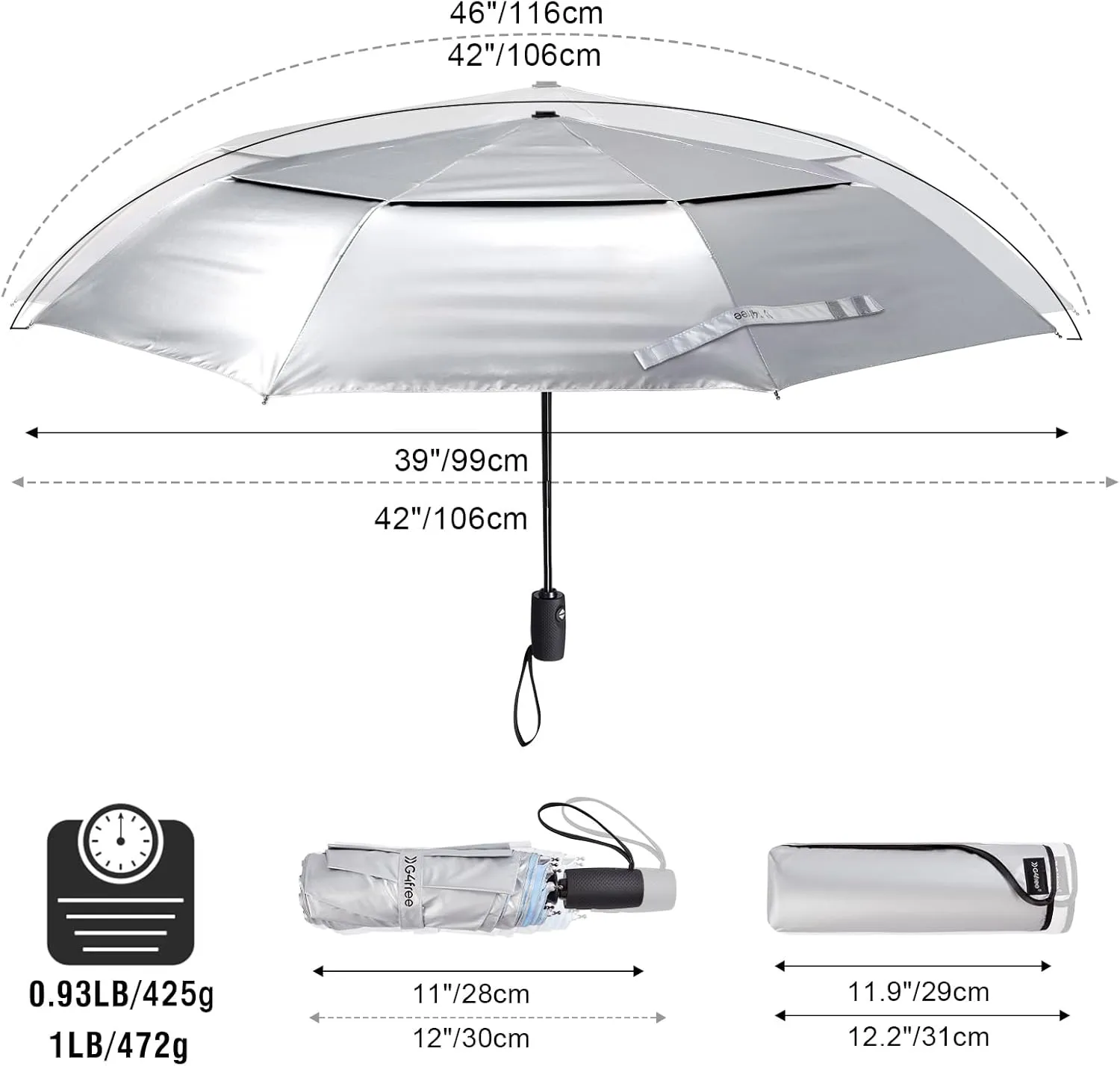 G4Free UPF 50  UV Protection Travel Umbrella 42/46 Inch Windproof Silver Coating Sun Blocking Umbrella
