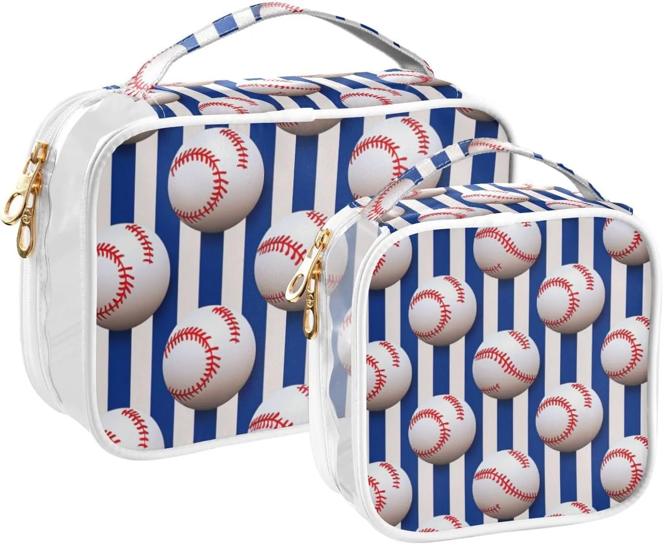 GAIGEO Baseball Balls on Striped Blue and White 2 Pack Clear Makeup Bag Set, Transparent Cosmetic Bags with Zipper, Cosmetic Bags for Travel