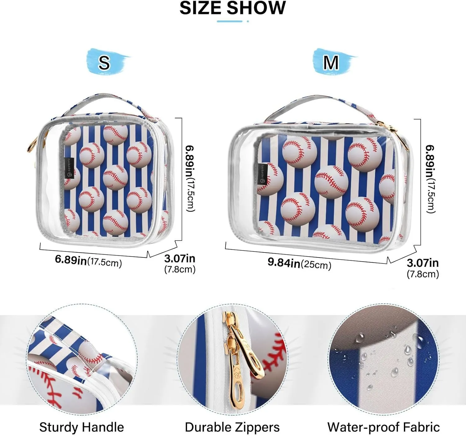 GAIGEO Baseball Balls on Striped Blue and White 2 Pack Clear Makeup Bag Set, Transparent Cosmetic Bags with Zipper, Cosmetic Bags for Travel