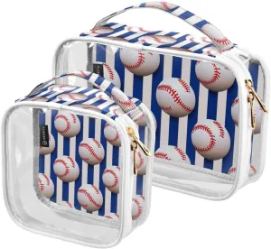 GAIGEO Baseball Balls on Striped Blue and White 2 Pack Clear Makeup Bag Set, Transparent Cosmetic Bags with Zipper, Cosmetic Bags for Travel