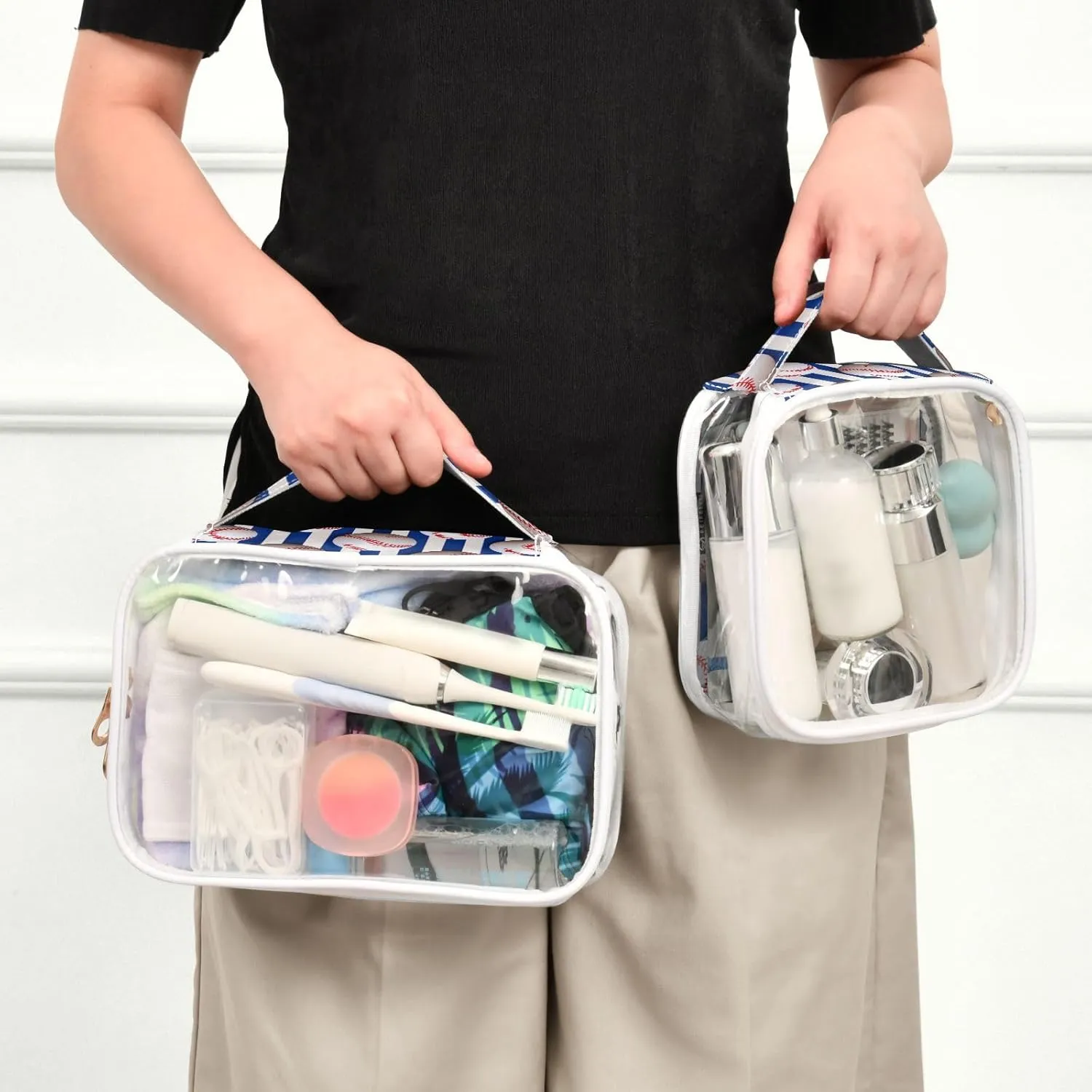 GAIGEO Baseball Balls on Striped Blue and White 2 Pack Clear Makeup Bag Set, Transparent Cosmetic Bags with Zipper, Cosmetic Bags for Travel