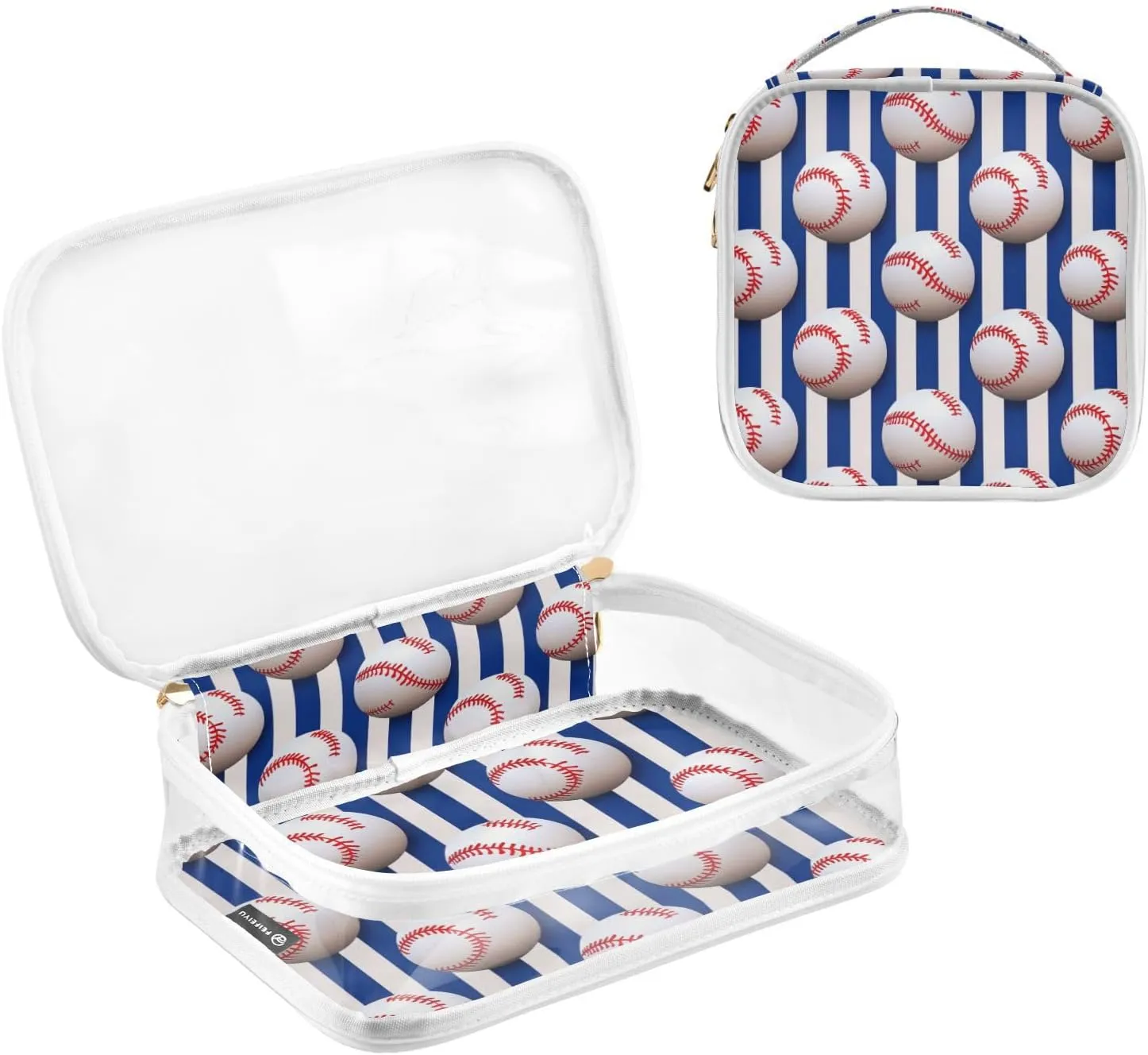 GAIGEO Baseball Balls on Striped Blue and White 2 Pack Clear Makeup Bag Set, Transparent Cosmetic Bags with Zipper, Cosmetic Bags for Travel