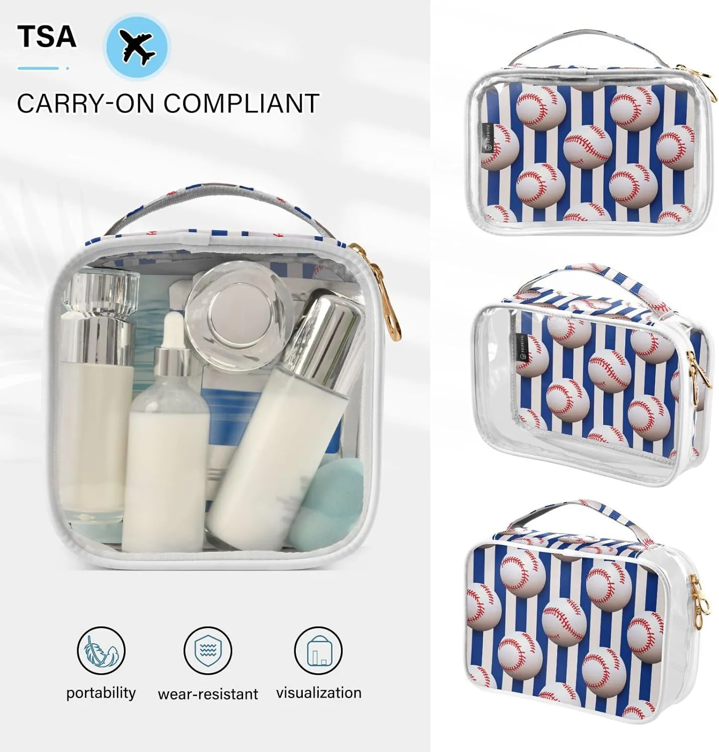 GAIGEO Baseball Balls on Striped Blue and White 2 Pack Clear Makeup Bag Set, Transparent Cosmetic Bags with Zipper, Cosmetic Bags for Travel