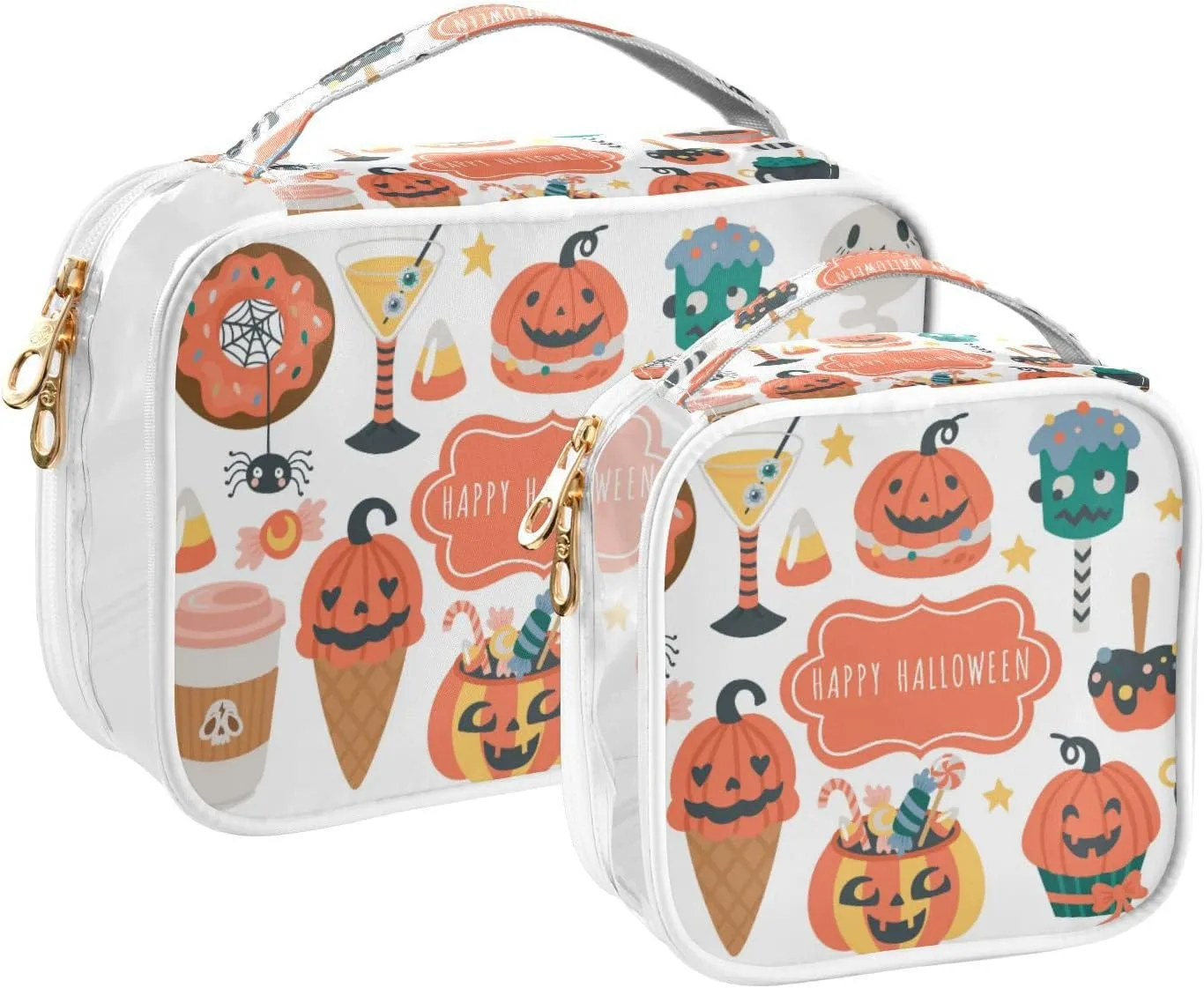 GAIGEO Halloween Holiday Cute Food Drinks Set Clear Cosmetic Bag Set, Tsa Approved Toiletry Bag Waterproof, Travel Accessories Bags, 2 Pack