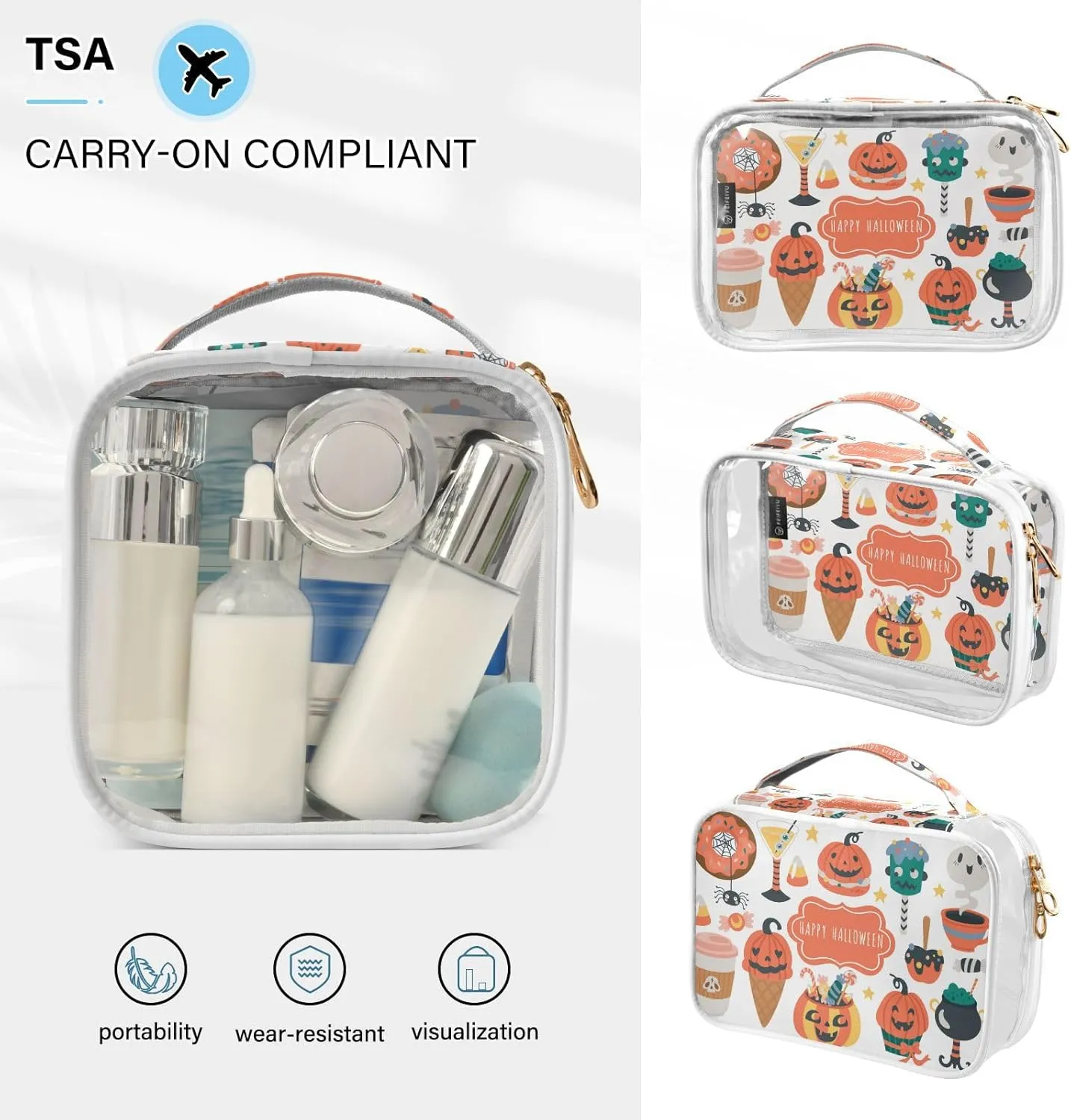 GAIGEO Halloween Holiday Cute Food Drinks Set Clear Cosmetic Bag Set, Tsa Approved Toiletry Bag Waterproof, Travel Accessories Bags, 2 Pack