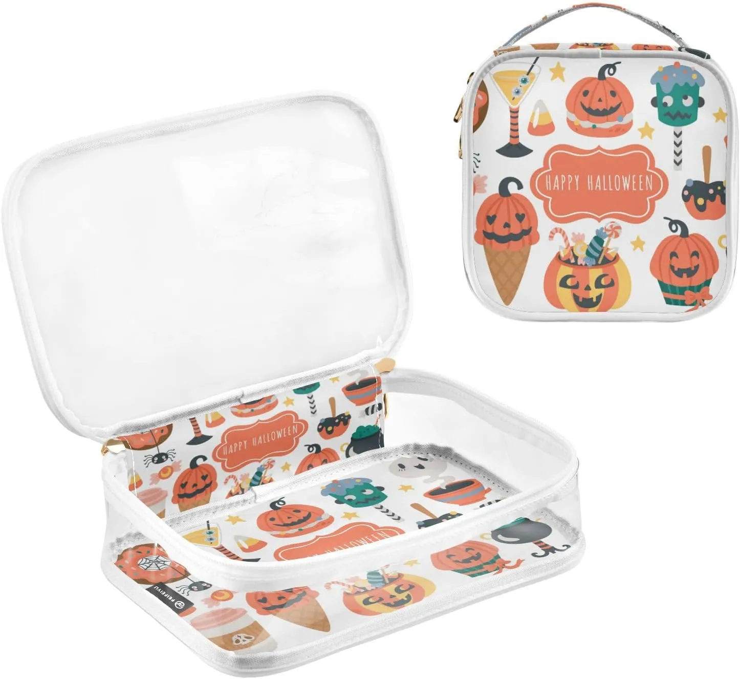 GAIGEO Halloween Holiday Cute Food Drinks Set Clear Cosmetic Bag Set, Tsa Approved Toiletry Bag Waterproof, Travel Accessories Bags, 2 Pack
