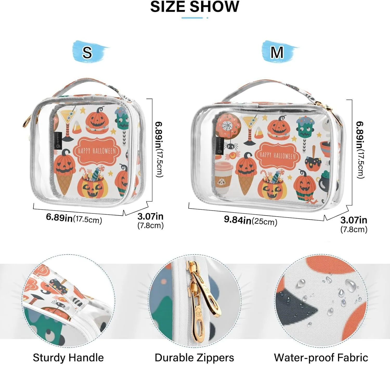 GAIGEO Halloween Holiday Cute Food Drinks Set Clear Cosmetic Bag Set, Tsa Approved Toiletry Bag Waterproof, Travel Accessories Bags, 2 Pack