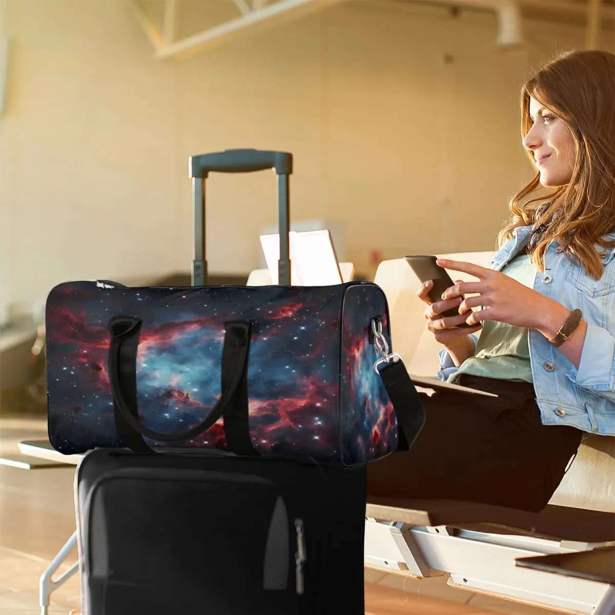 Galaxy Star Outer Space Travel Duffle Bag, Sports Gym Bags for Women Men, Carry On Weekender Overnight Workout Airplane Trips Bag