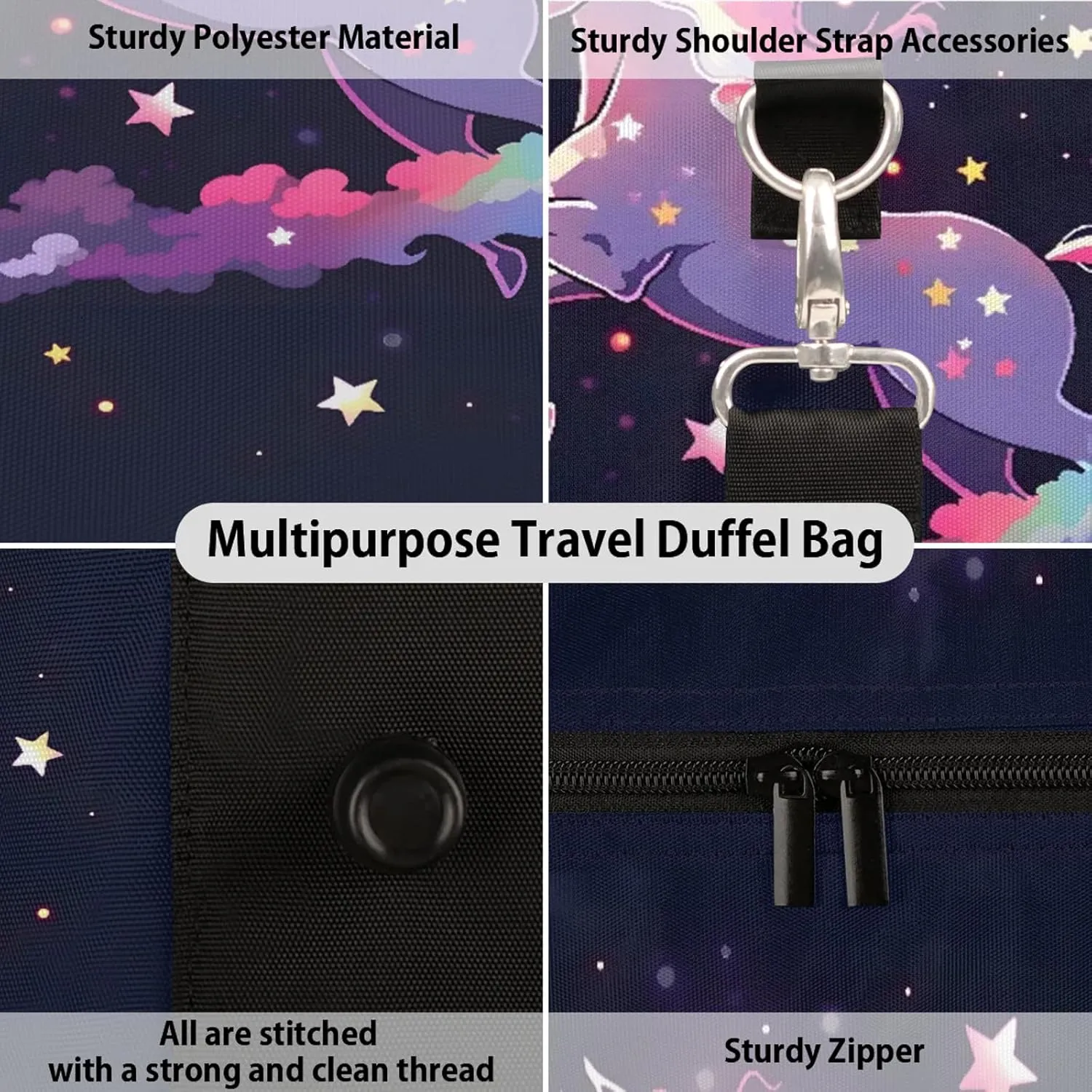 Galaxy Unicorn Travel Duffle Bag, Sports Gym Bags for Women Men, Carry On Weekender Overnight Workout Airplane Trips Bag