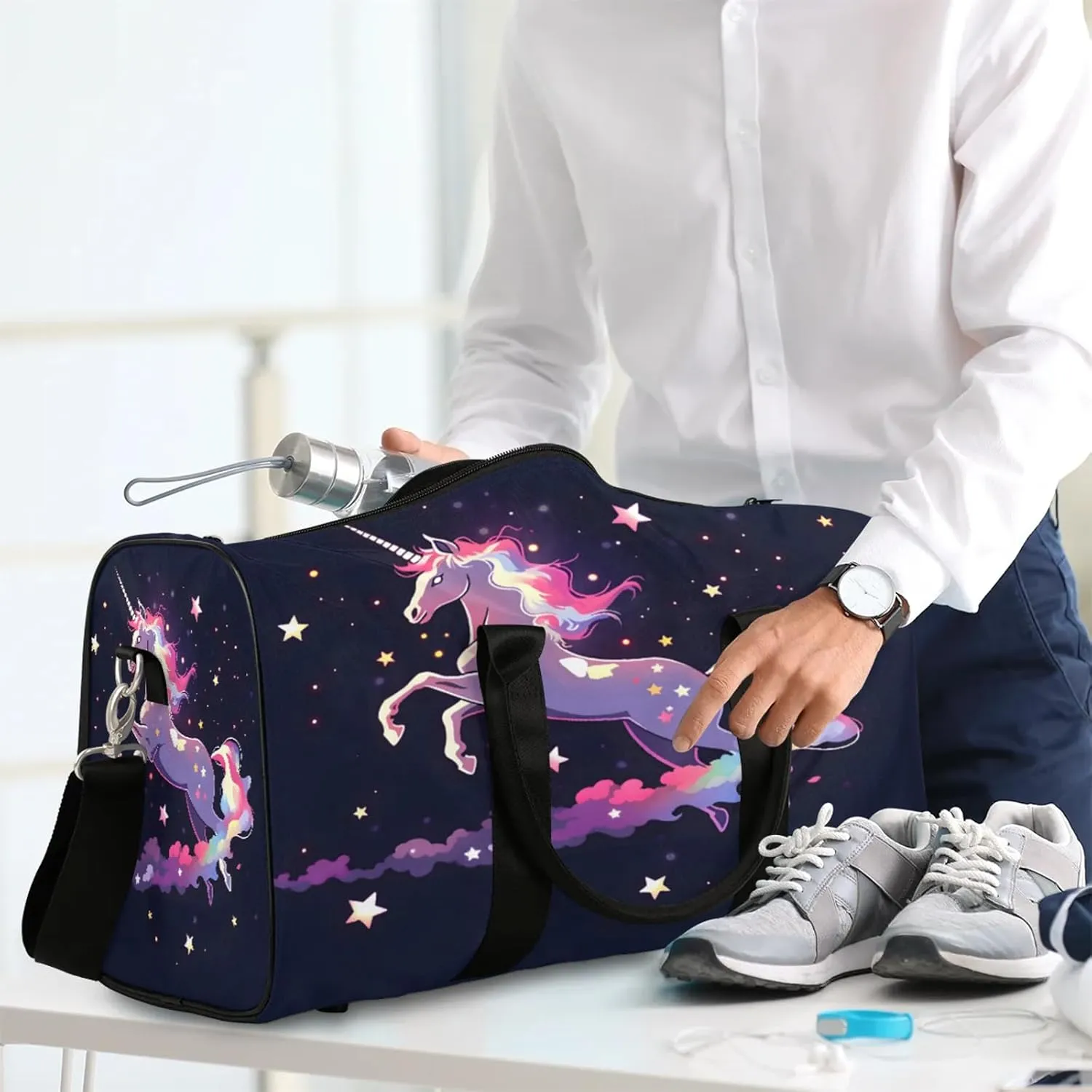 Galaxy Unicorn Travel Duffle Bag, Sports Gym Bags for Women Men, Carry On Weekender Overnight Workout Airplane Trips Bag