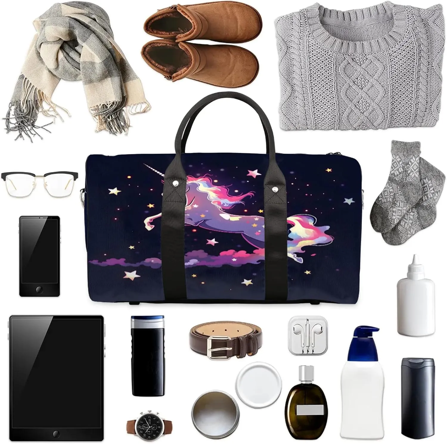 Galaxy Unicorn Travel Duffle Bag, Sports Gym Bags for Women Men, Carry On Weekender Overnight Workout Airplane Trips Bag
