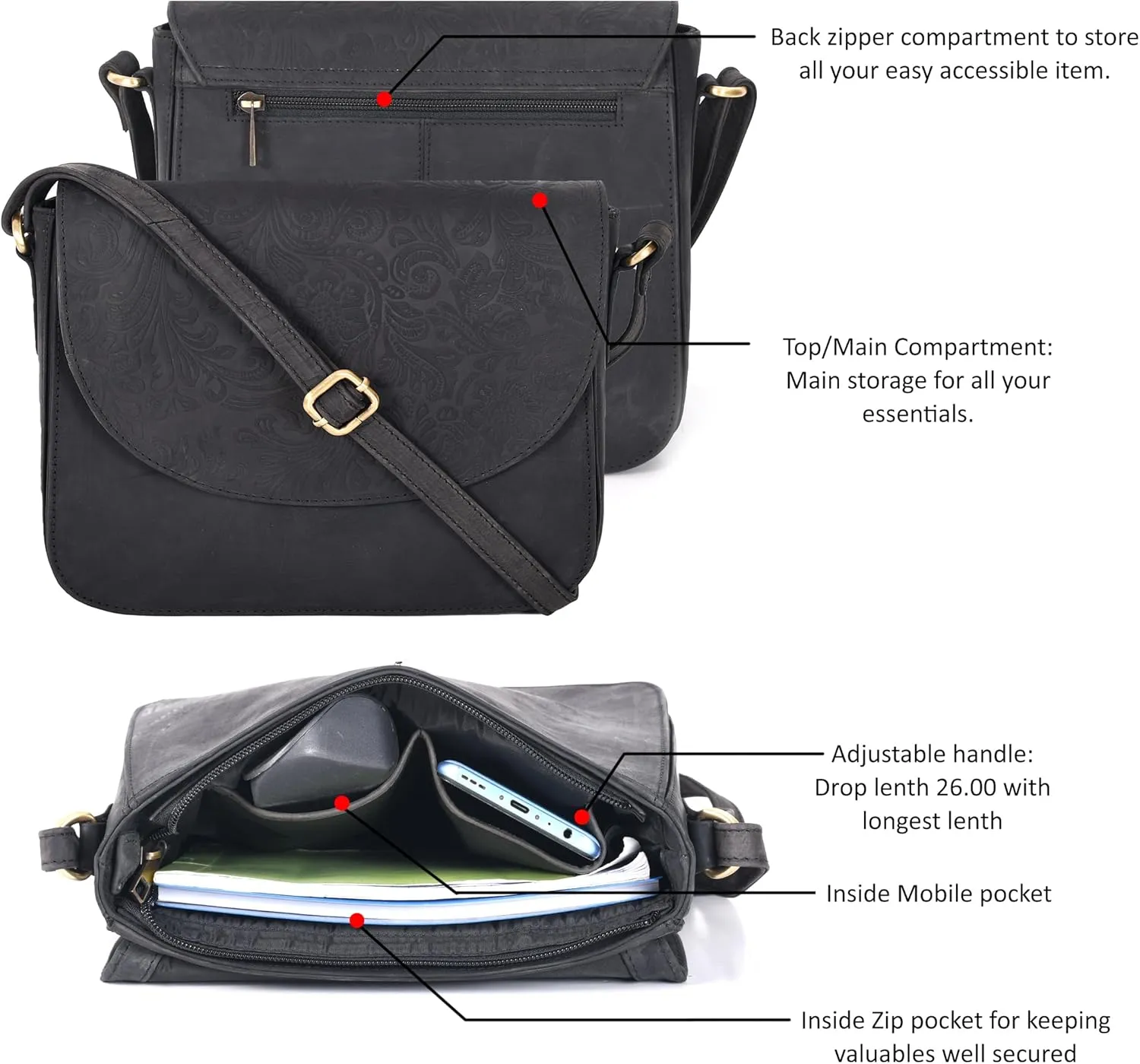 Genuine Leather Shoulder Crossbody Purse For Women with Adjustable Strap, Mobile Pocket & Outside & Inside Zipper