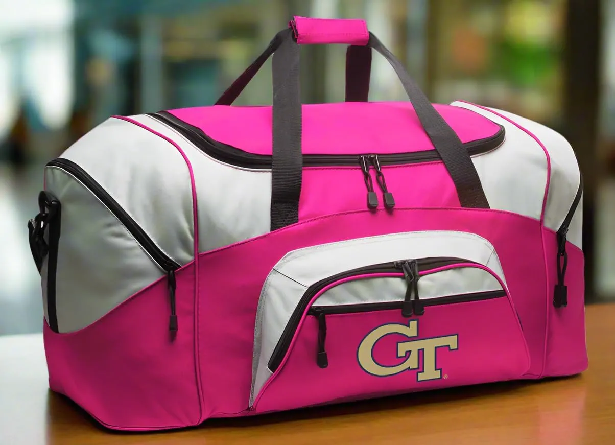 Georgia Tech Duffel Bag LARGE GT Yellow Jackets Suitcase for Travel or Gym Sports Gear Bag (Pink)