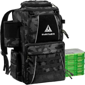 Ghosthorn Fishing Tackle Backpack with 4 3600 Tackle Boxes Rod Holder Outdoor 43L Large Bag with Detachable Wasit Bag Storage Gear and Equipment Waterproof
