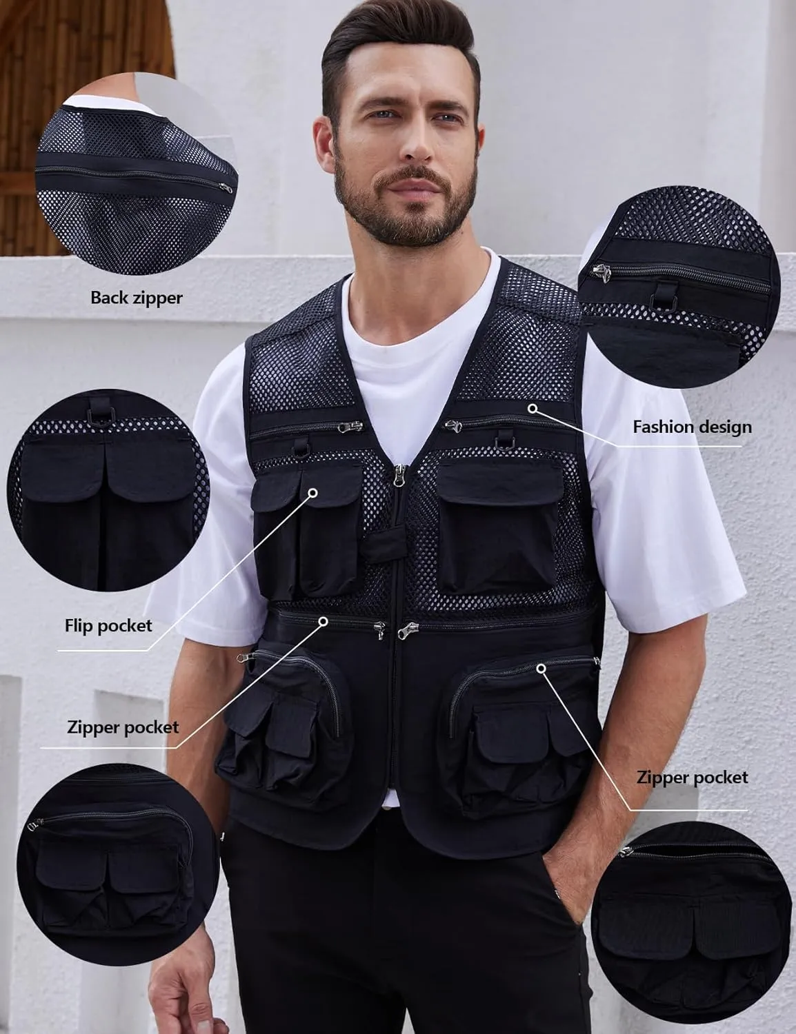 Gihuo Men's Fishing Vest Utility Safari Travel Vest with Pockets Outdoor Work Photo Cargo Fly Summer Vest