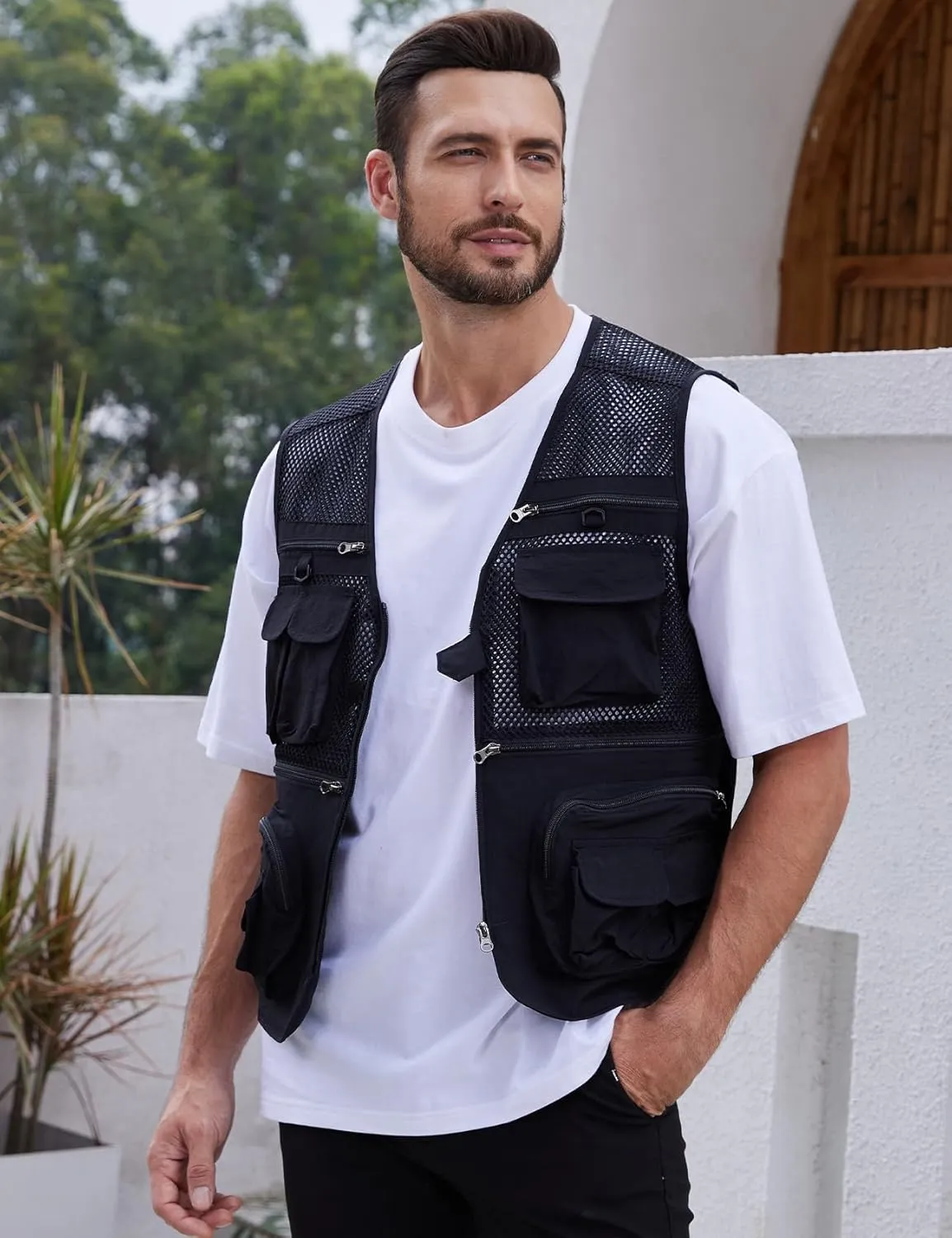 Gihuo Men's Fishing Vest Utility Safari Travel Vest with Pockets Outdoor Work Photo Cargo Fly Summer Vest
