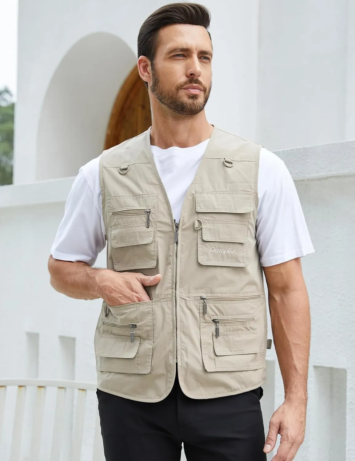 Gihuo Men's Fishing Vest Utility Safari Travel Vest with Pockets Outdoor Work Photo Cargo Fly Summer Vest