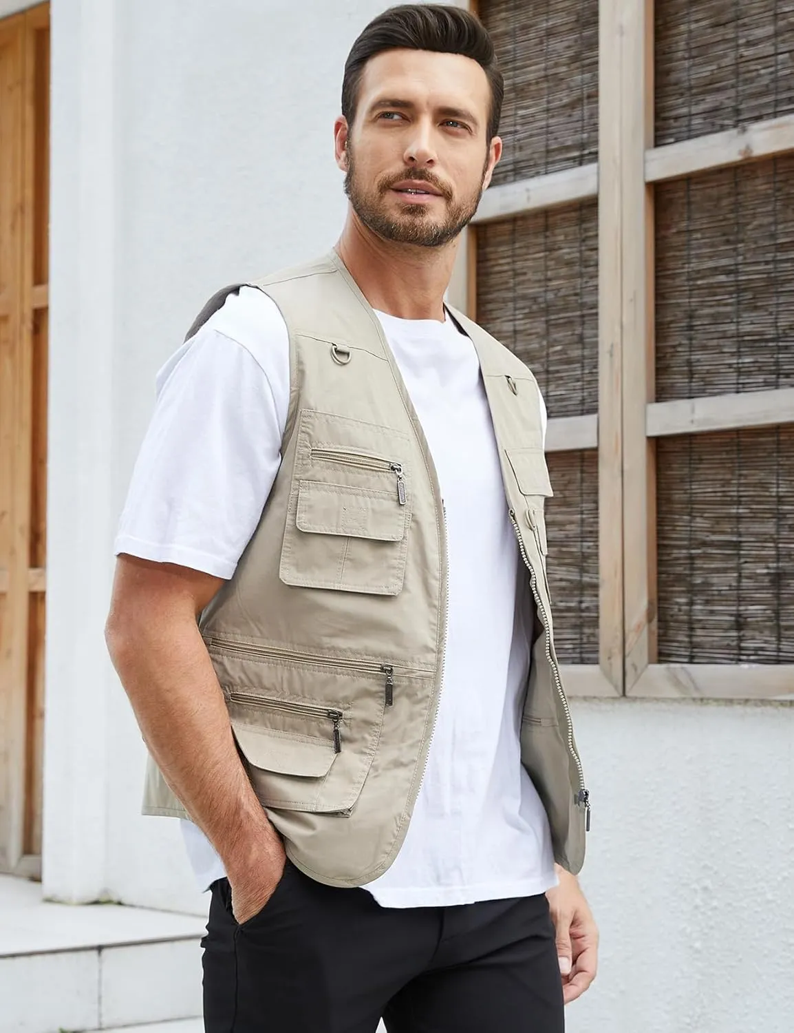 Gihuo Men's Fishing Vest Utility Safari Travel Vest with Pockets Outdoor Work Photo Cargo Fly Summer Vest