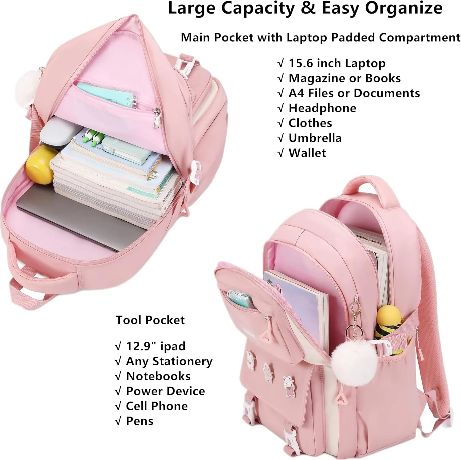 Girls Backpack Aesthetic Laptop Backpacks Kawaii Large Bookbag Anime Casual Travel Daypack,Pink