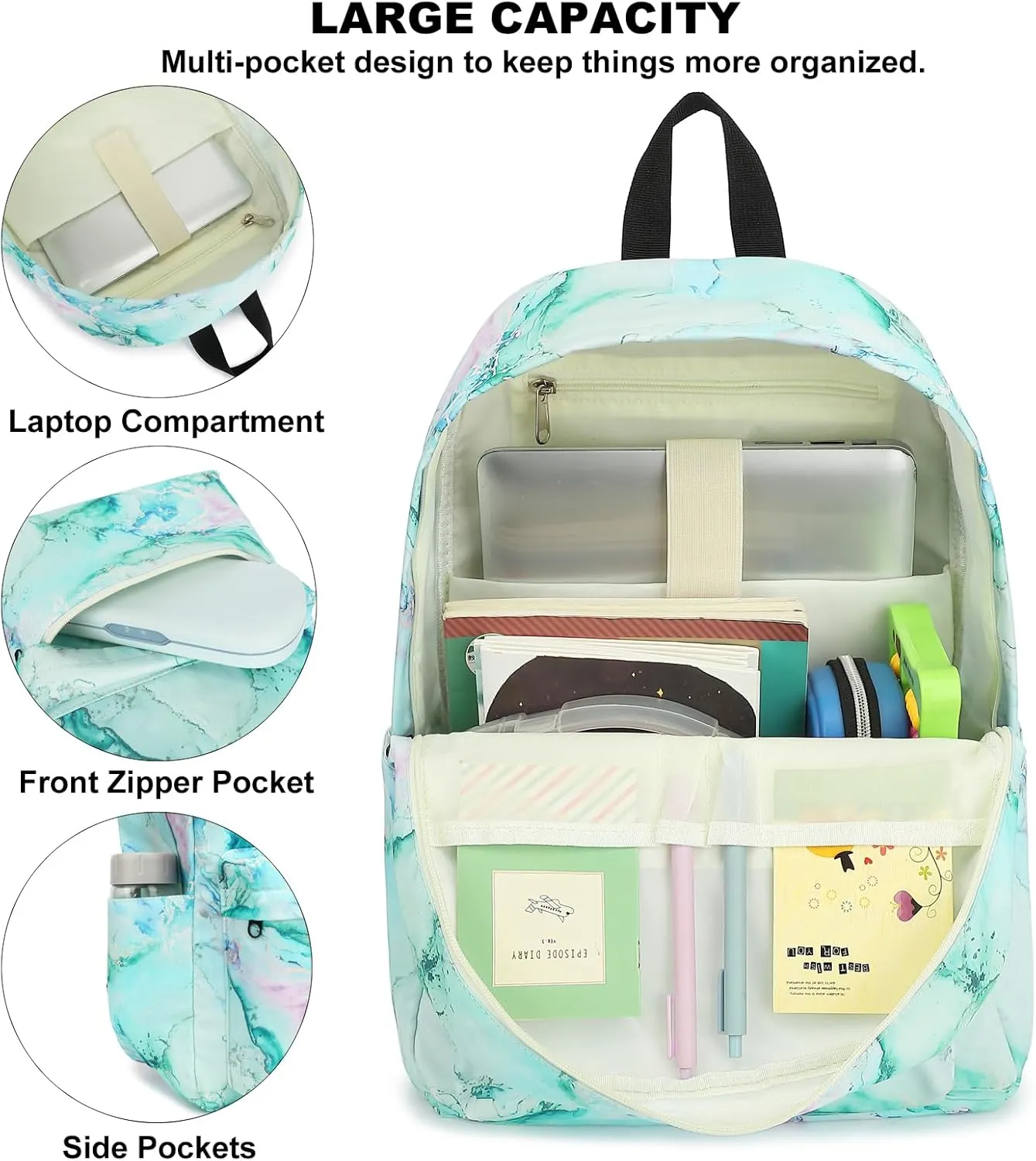 Girls Backpack for Elementary Middle School, Kids Teens School Bag Women College Bookbag Laptop Backpacks (Marble Green)
