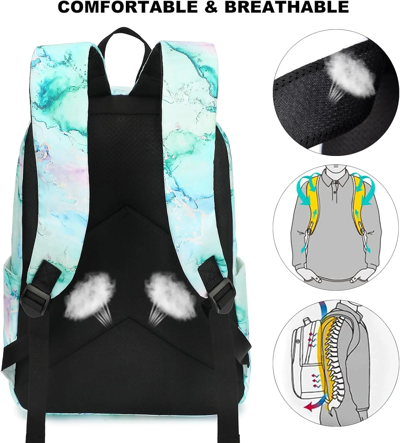 Girls Backpack for Elementary Middle School, Kids Teens School Bag Women College Bookbag Laptop Backpacks (Marble Green)