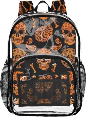 Girls Backpack for Kids Orange Skulls Bones Black Clear Bag for Women Travel Plastic School Clear Bookbag