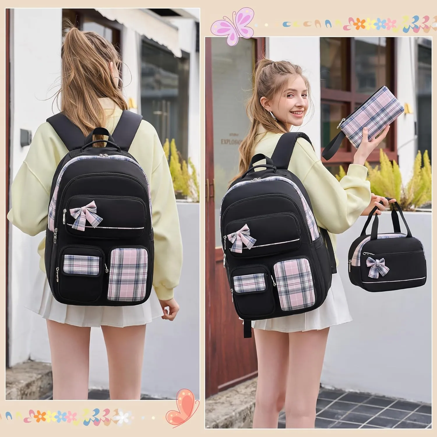 Girls Backpack,3pcs Backpack with Lunch Box Pencil Case Set 15.6 Inch Laptop School Bag Kids Kindergarten Elementary College Bags Large Bookbag for Teen Women Students Casual Travel Daypacks Black