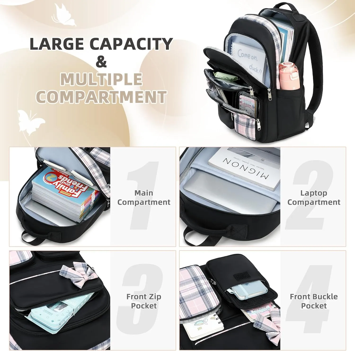 Girls Backpack,3pcs Backpack with Lunch Box Pencil Case Set 15.6 Inch Laptop School Bag Kids Kindergarten Elementary College Bags Large Bookbag for Teen Women Students Casual Travel Daypacks Black