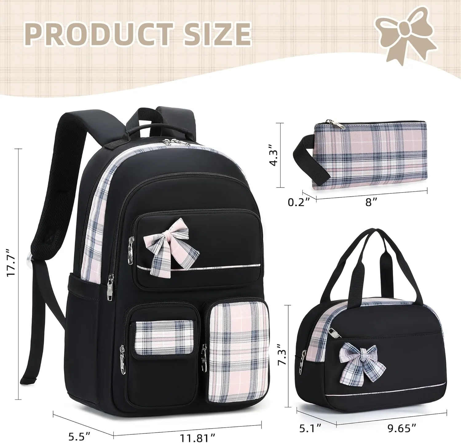 Girls Backpack,3pcs Backpack with Lunch Box Pencil Case Set 15.6 Inch Laptop School Bag Kids Kindergarten Elementary College Bags Large Bookbag for Teen Women Students Casual Travel Daypacks Black