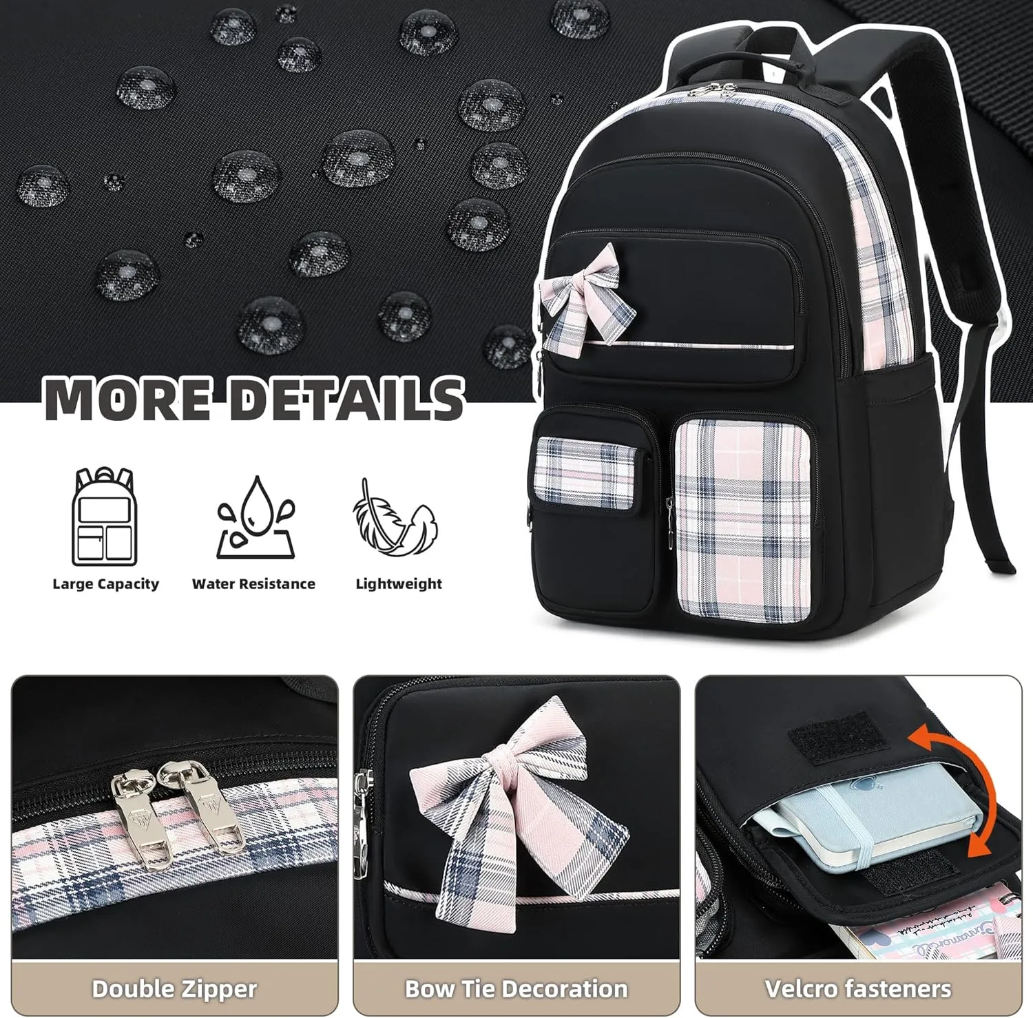Girls Backpack,3pcs Backpack with Lunch Box Pencil Case Set 15.6 Inch Laptop School Bag Kids Kindergarten Elementary College Bags Large Bookbag for Teen Women Students Casual Travel Daypacks Black