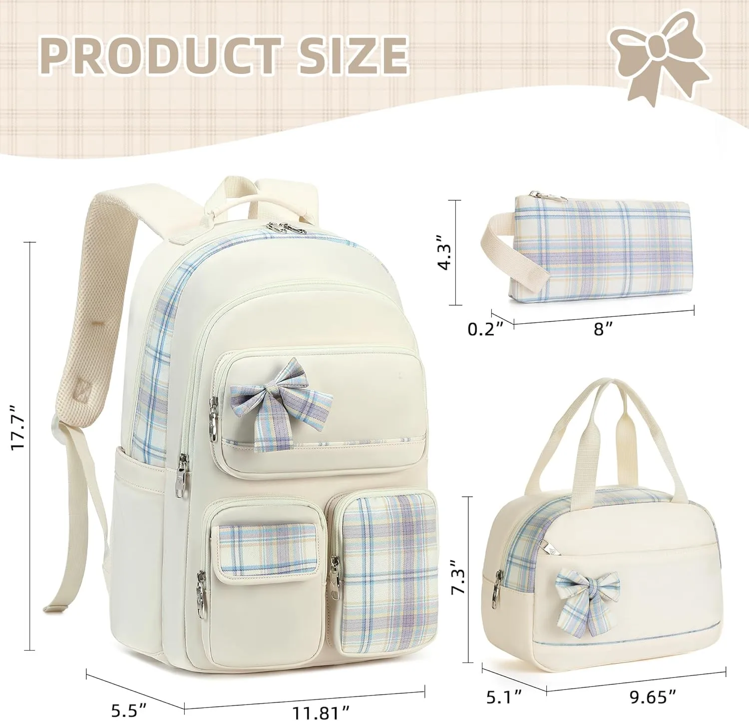 Girls Backpack,3pcs Backpacks with Lunch Box Pencil Case Set 15.6 Inch Laptop School Bag Kids Kindergarten Elementary College Bags Large Bookbag for Teen Women Students Casual Travel Daypacks Beige