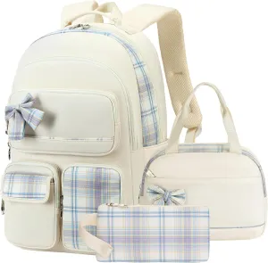 Girls Backpack,3pcs Backpacks with Lunch Box Pencil Case Set 15.6 Inch Laptop School Bag Kids Kindergarten Elementary College Bags Large Bookbag for Teen Women Students Casual Travel Daypacks Beige