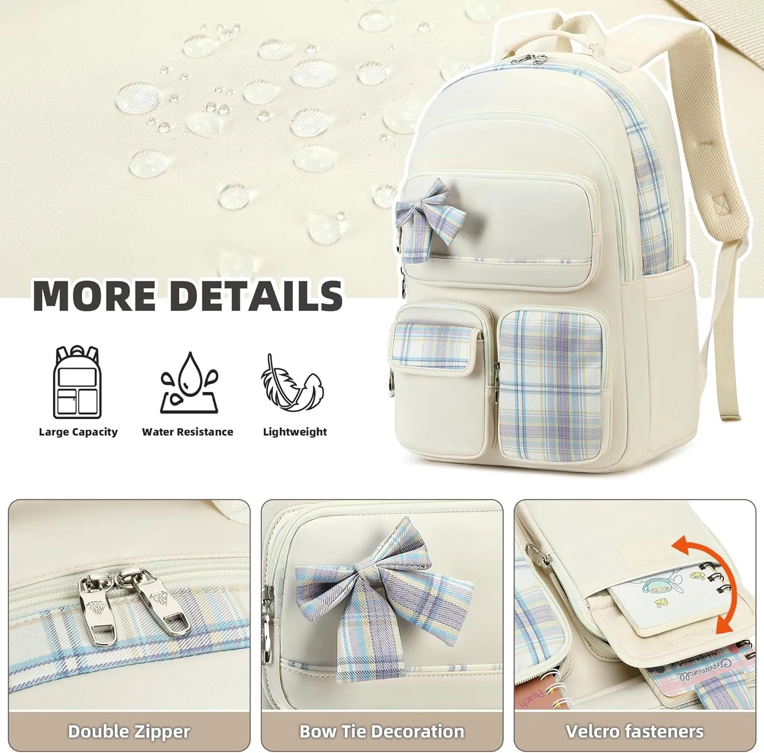 Girls Backpack,3pcs Backpacks with Lunch Box Pencil Case Set 15.6 Inch Laptop School Bag Kids Kindergarten Elementary College Bags Large Bookbag for Teen Women Students Casual Travel Daypacks Beige