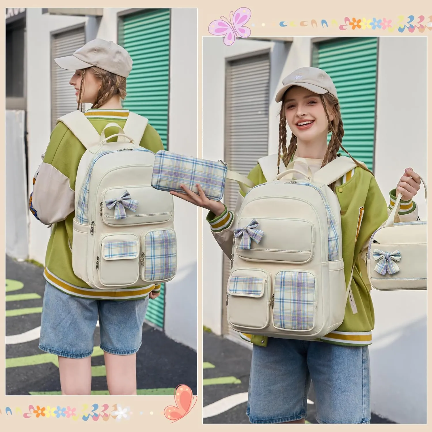 Girls Backpack,3pcs Backpacks with Lunch Box Pencil Case Set 15.6 Inch Laptop School Bag Kids Kindergarten Elementary College Bags Large Bookbag for Teen Women Students Casual Travel Daypacks Beige