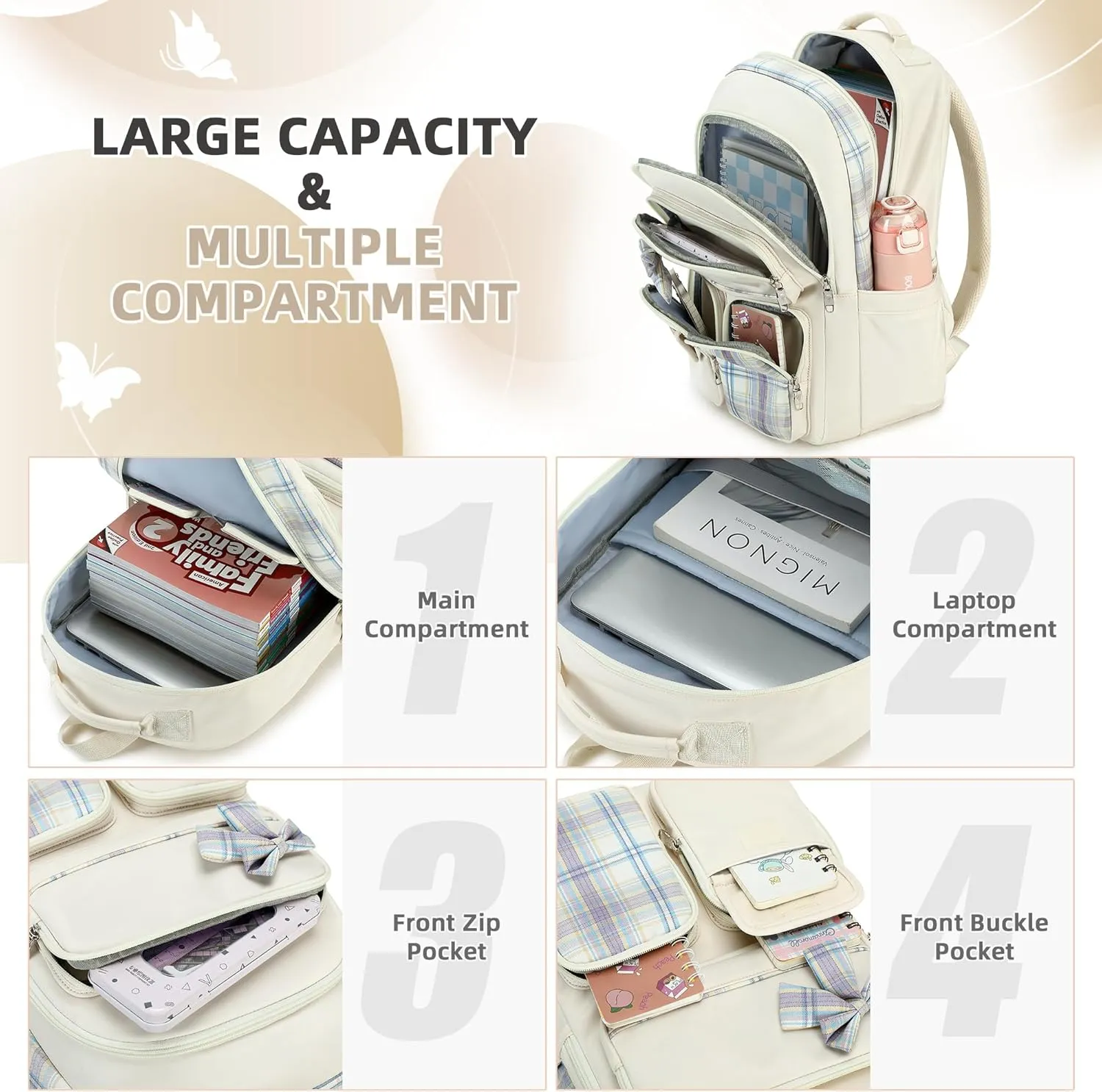 Girls Backpack,3pcs Backpacks with Lunch Box Pencil Case Set 15.6 Inch Laptop School Bag Kids Kindergarten Elementary College Bags Large Bookbag for Teen Women Students Casual Travel Daypacks Beige