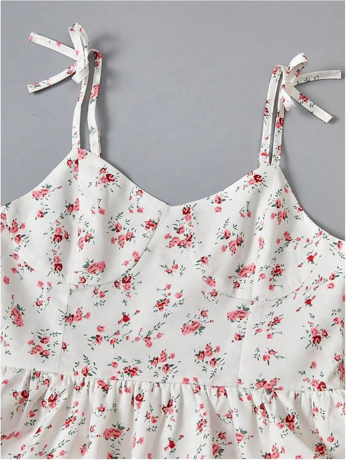 Girl's Ditsy Floral Cami Dress Tie Shoulder Layered Ruffle Dress Sleeveless Short Dresses