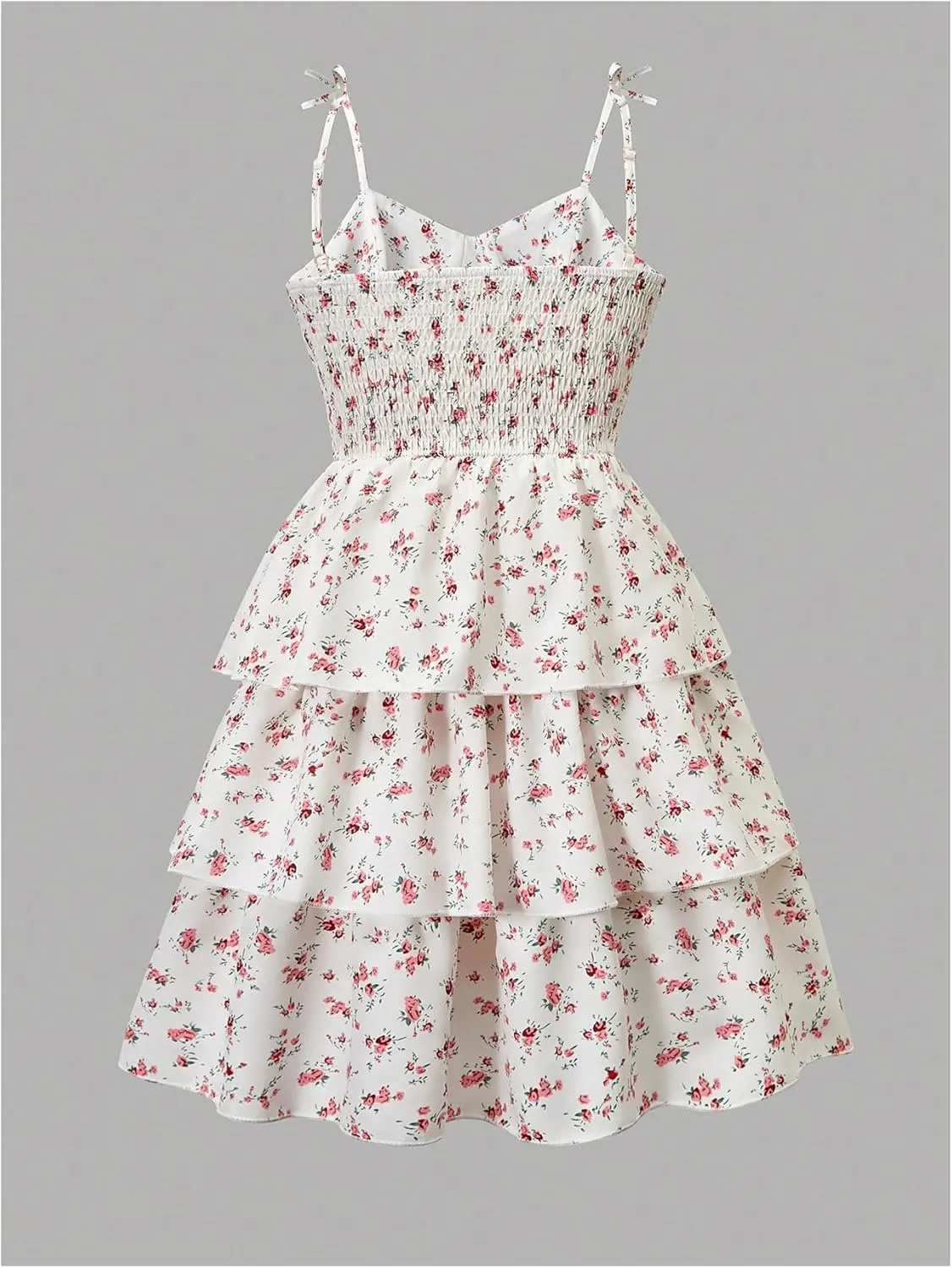 Girl's Ditsy Floral Cami Dress Tie Shoulder Layered Ruffle Dress Sleeveless Short Dresses