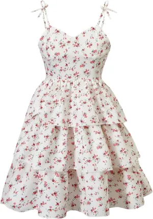 Girl's Ditsy Floral Cami Dress Tie Shoulder Layered Ruffle Dress Sleeveless Short Dresses