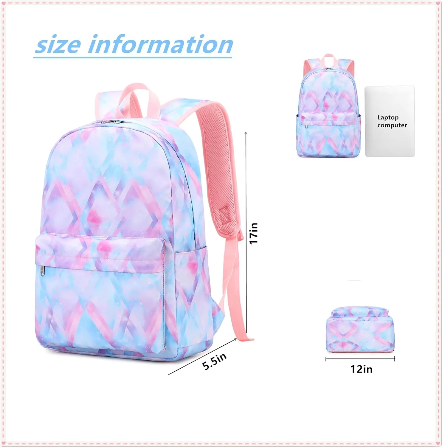 Girls School Backpack Elementary Middle Lightning Bookbag Laptop Teenager Waterproof Lightweight 17 Inches (5Pink)
