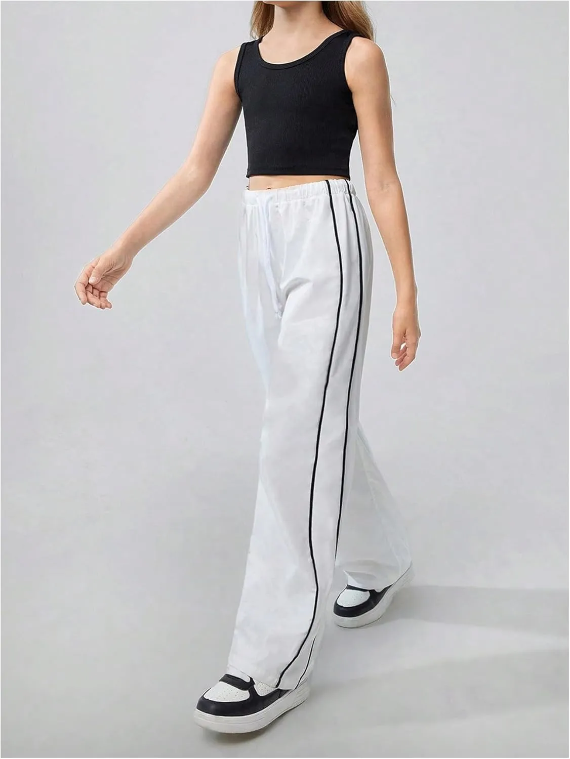 Girl's Wide Leg High Waist Sweatpants Side Striped Extra Long Baggy Track Pants Trousers