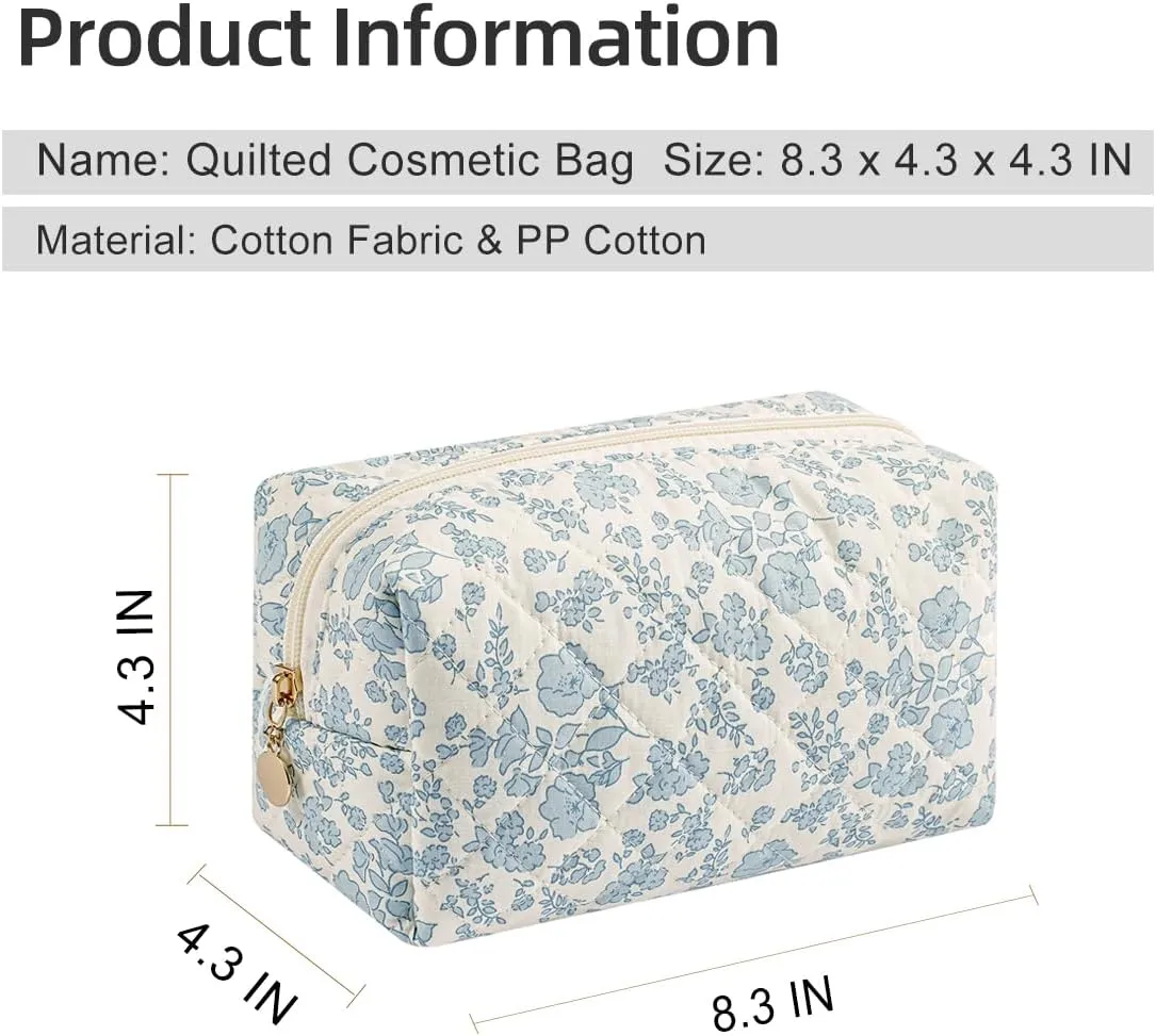 Gleyemor 2 Pieces Quilted Makeup Bag, Cute Floral Cosmetic Bag for Women, Cotton Make Up Bag Set, Flower Travel Toiletry Bag Tote Bag Organizer (Blue Floral  Pink Rose)