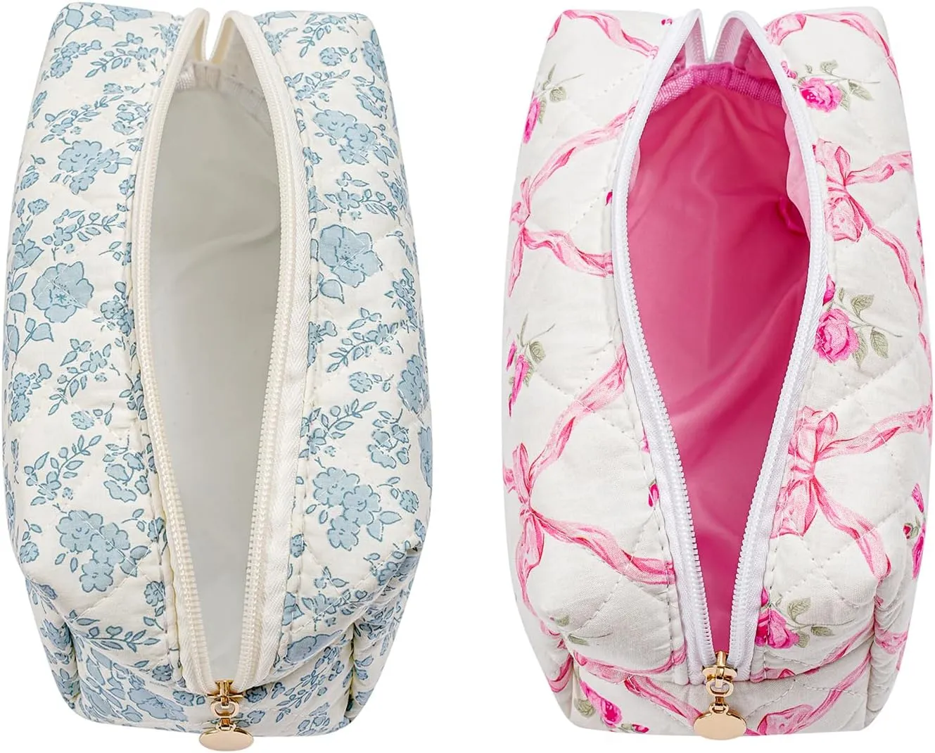 Gleyemor 2 Pieces Quilted Makeup Bag, Cute Floral Cosmetic Bag for Women, Cotton Make Up Bag Set, Flower Travel Toiletry Bag Tote Bag Organizer (Blue Floral  Pink Rose)