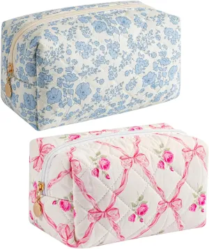 Gleyemor 2 Pieces Quilted Makeup Bag, Cute Floral Cosmetic Bag for Women, Cotton Make Up Bag Set, Flower Travel Toiletry Bag Tote Bag Organizer (Blue Floral  Pink Rose)
